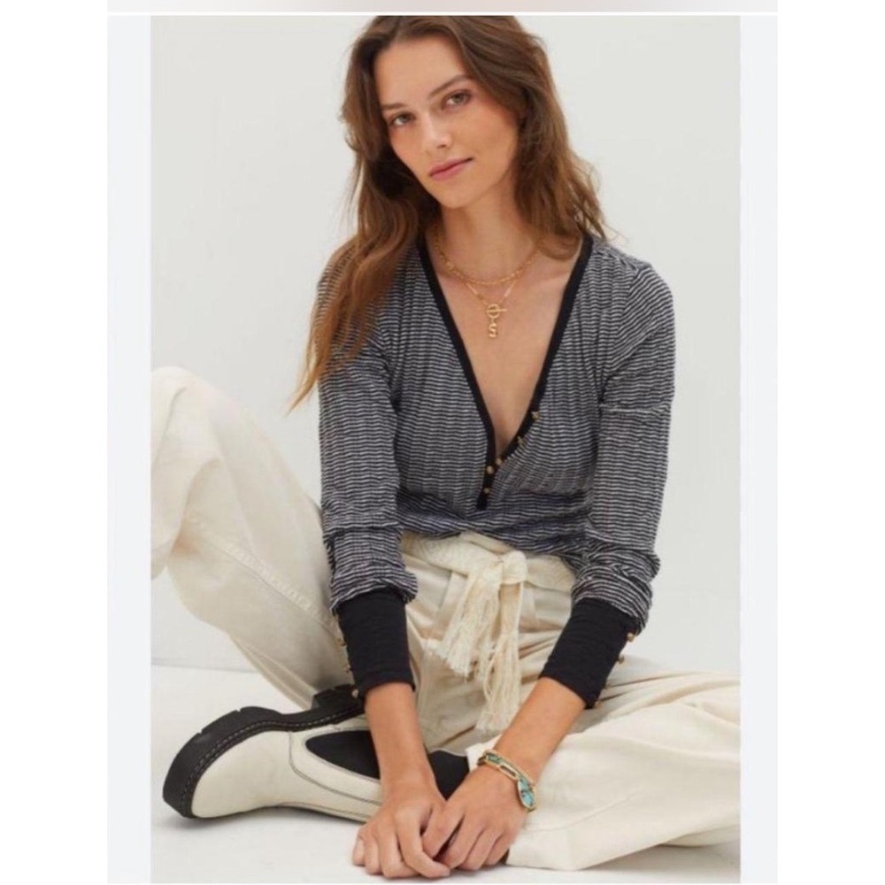 Pilcro Black and White Striped Long Sleeve Henley Top XL